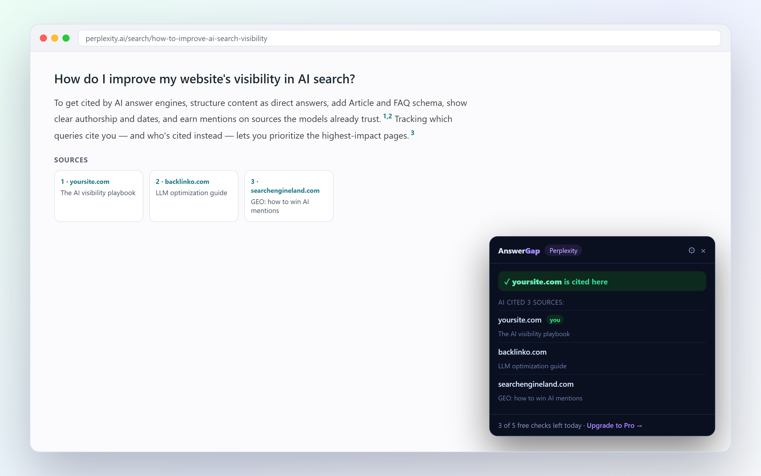 AnswerGap showing cited sources and the competitor citation gap