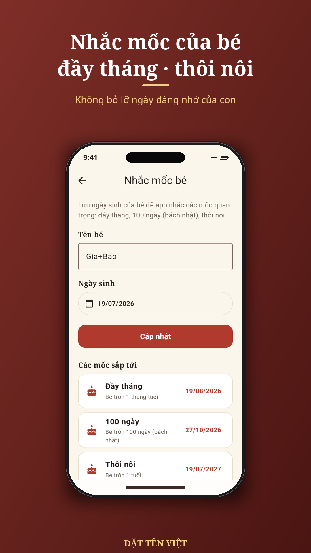 Nhắc mốc đầy tháng, 100 ngày, thôi nôi của bé