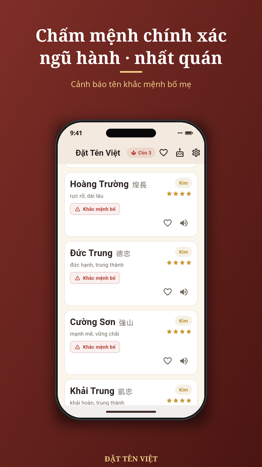 Màn hình kết quả chấm tên hợp mệnh của Đặt Tên Việt