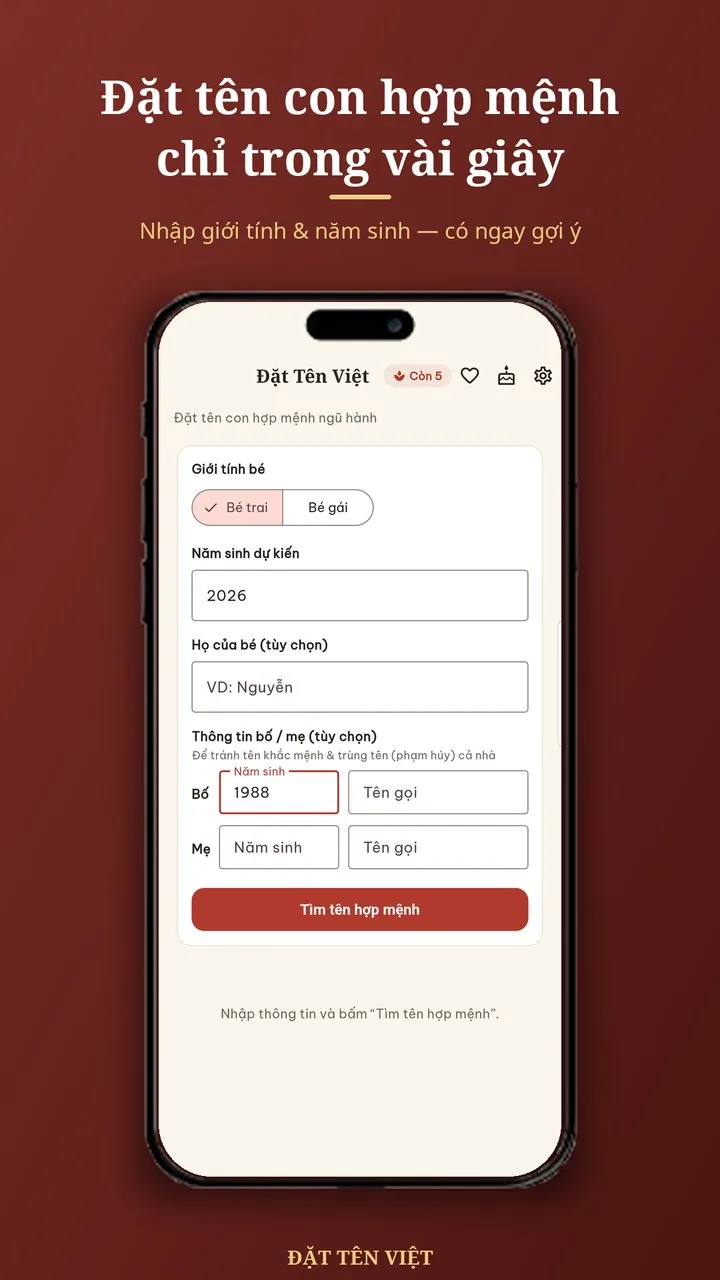 Màn nhập giới tính và năm sinh bé