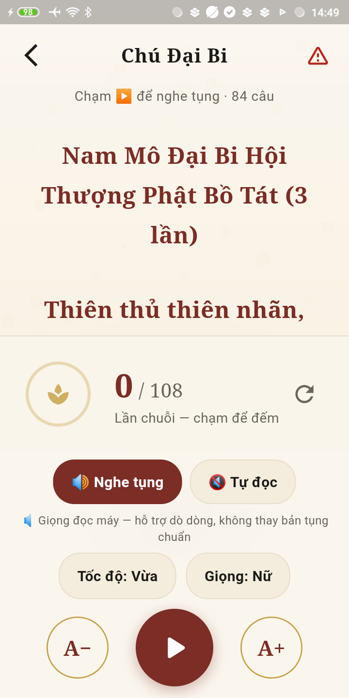 Màn tụng kinh — nghe tụng dò từng dòng, đếm chuỗi 108