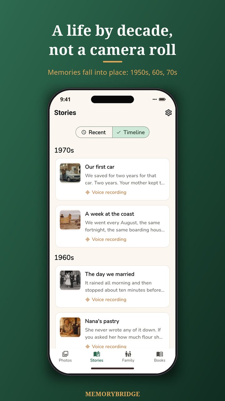 Memories arranged on a timeline by decade