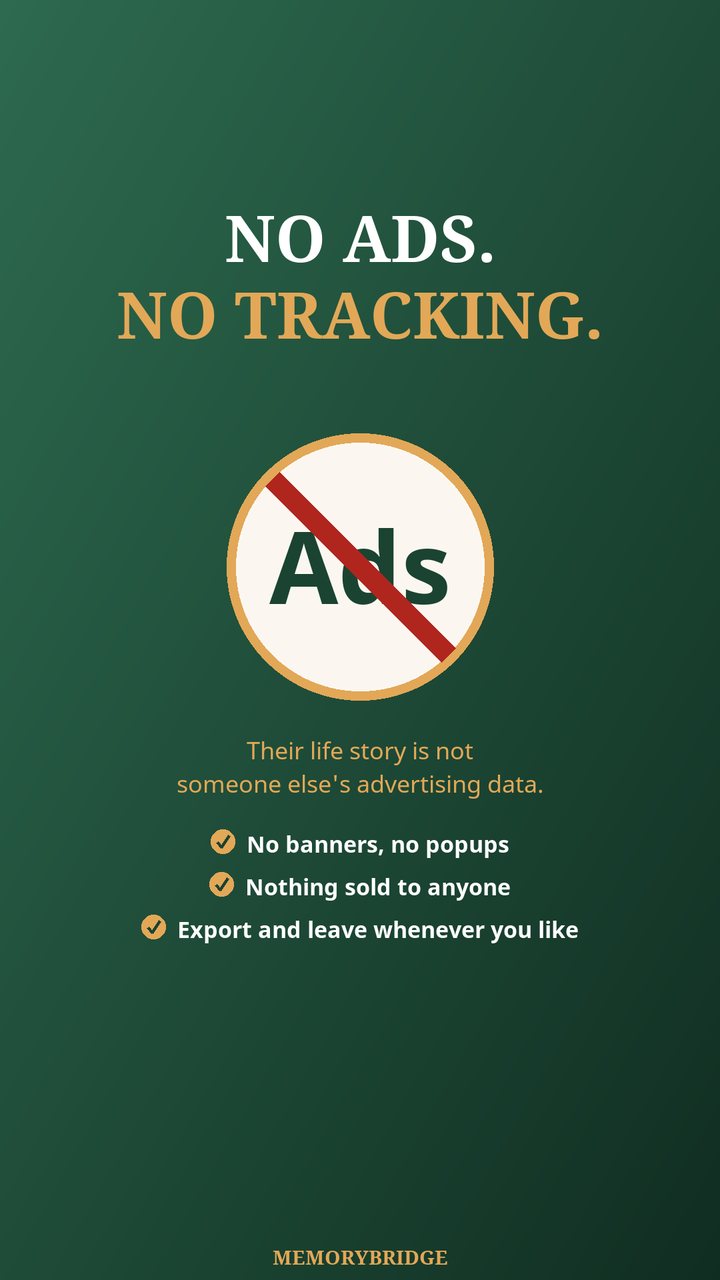No ads and no tracking in MemoryBridge