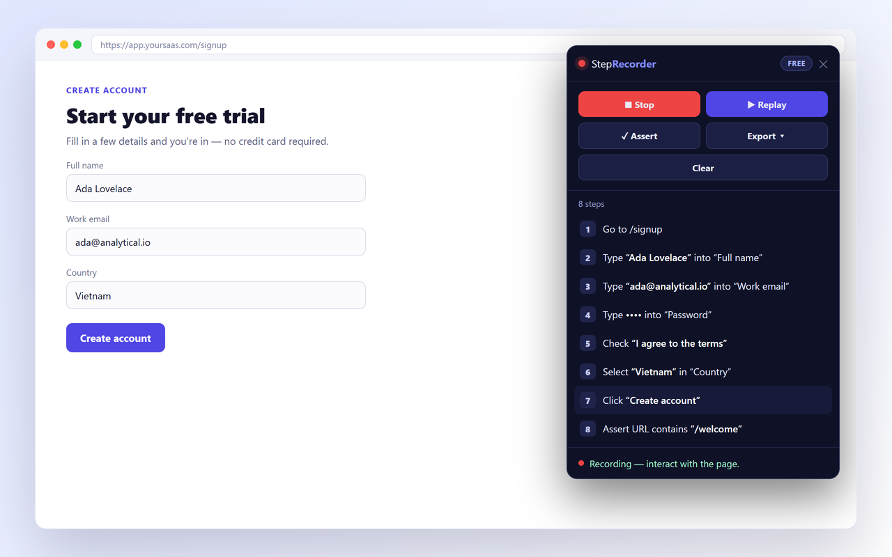StepRecorder sidebar showing a numbered step list recorded from a form, with record/replay/assert/export controls