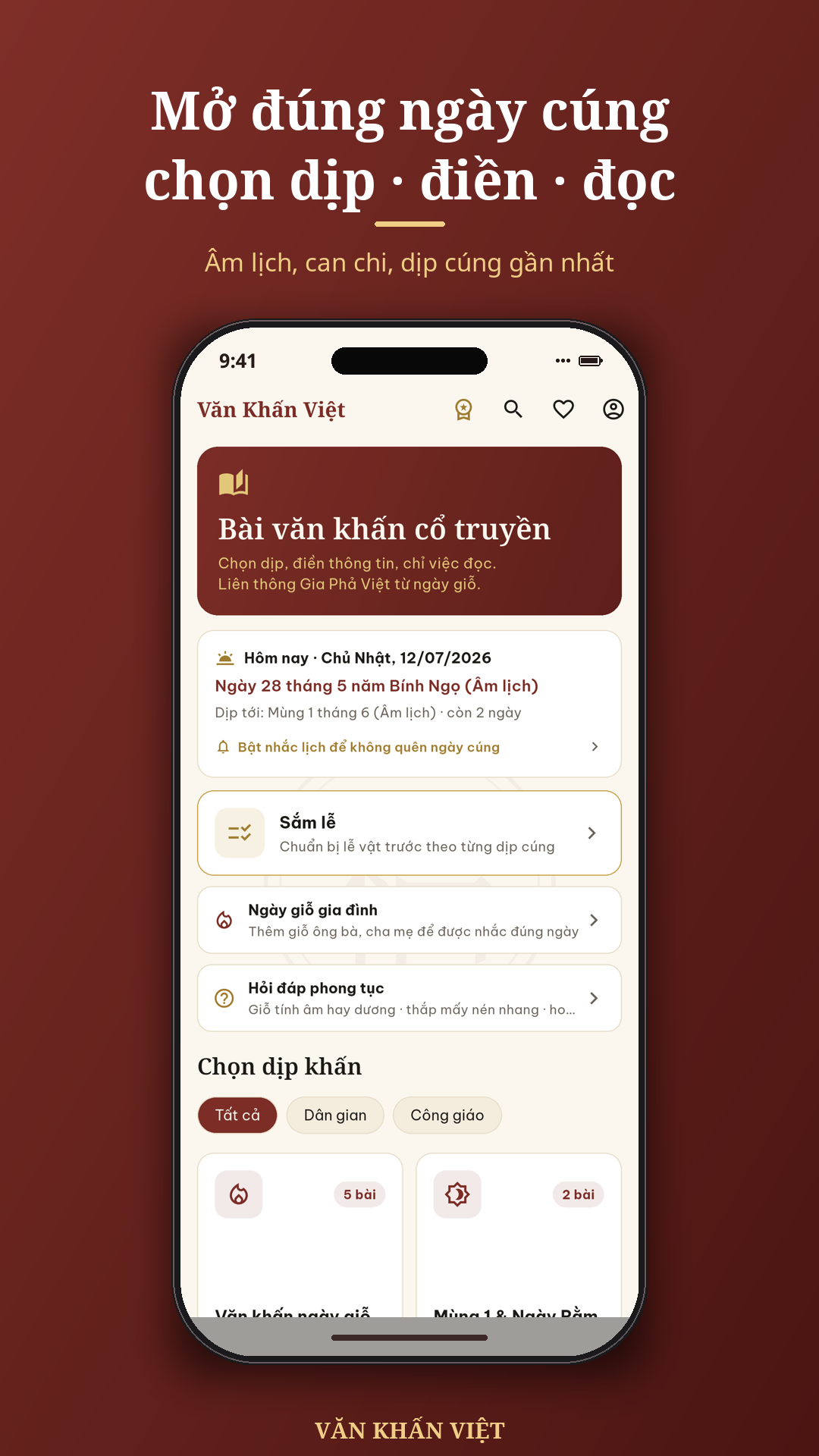 Màn hình chính — mở đúng ngày cúng, thẻ Hôm nay âm lịch