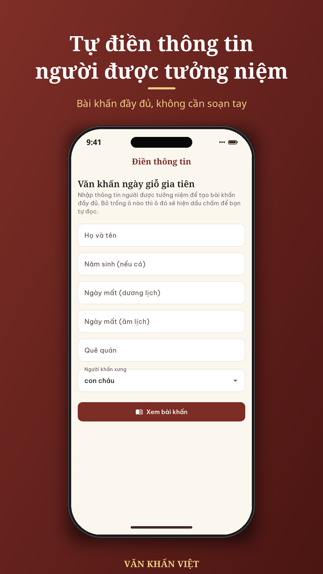 Tự điền thông tin người được tưởng niệm