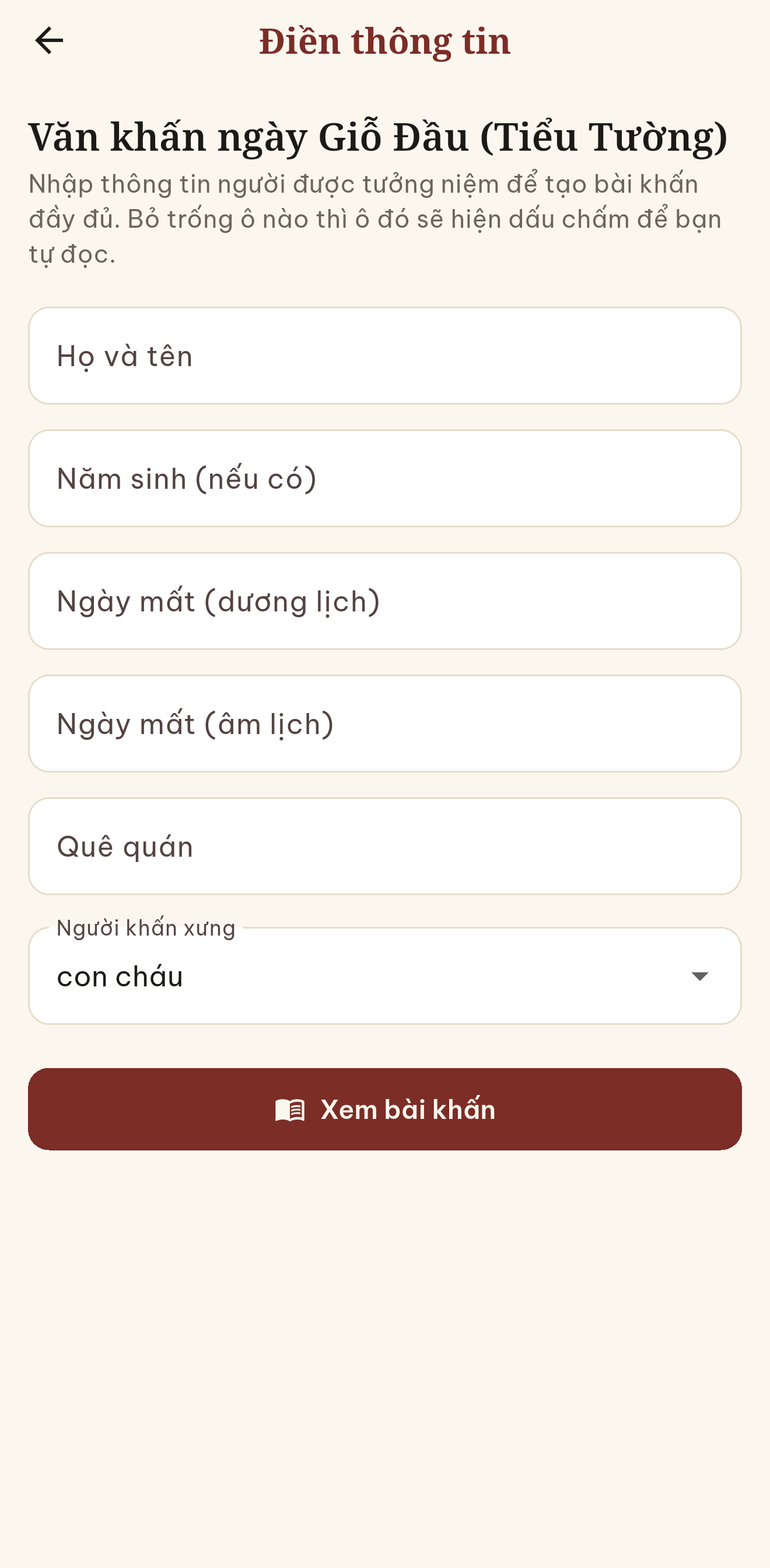 Tự điền thông tin người được tưởng niệm